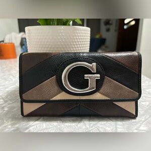Guess Vintage Y2K Leather Large G Logo Retro Neutral Patchwork Long Wallet